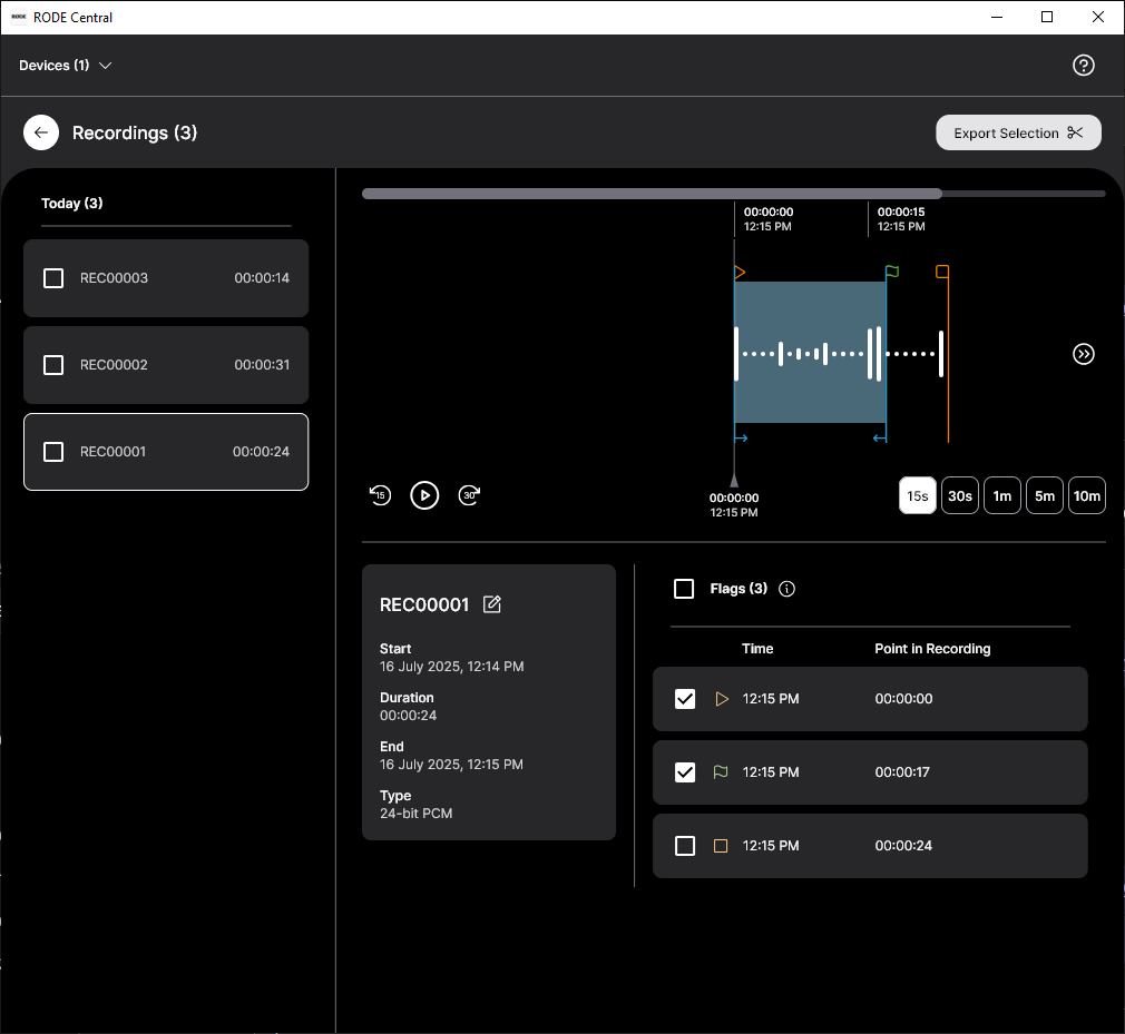 RØDE Central showing export selection on Wireless GO II recording